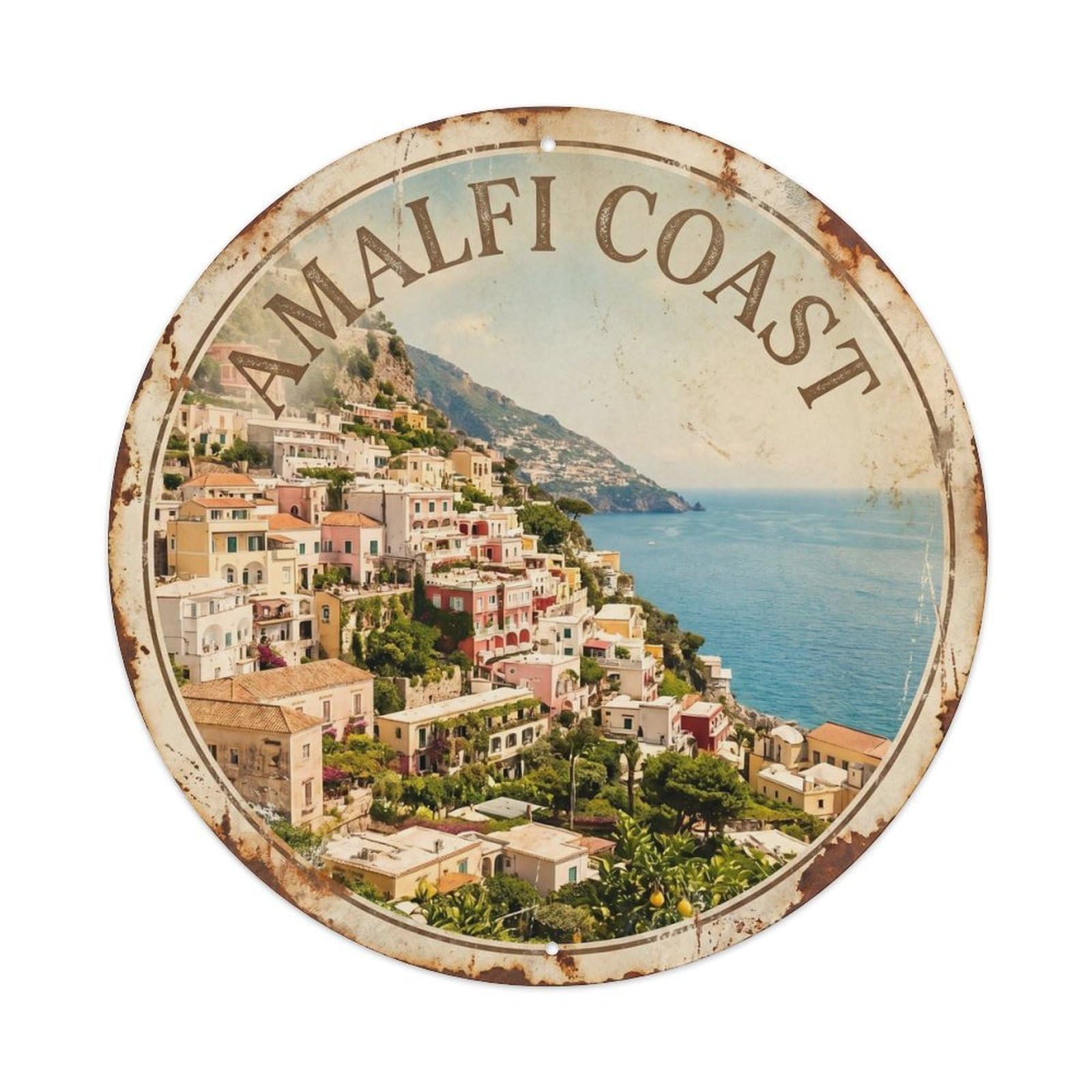 Cliffside Positano Coastal Village Travel Amalfi Destination Metal Tin Sign Plaque Wall Decor for Cafe, Man Cave, Club Bar, Office, Home Garden Round Metal Poster 8x8Inch