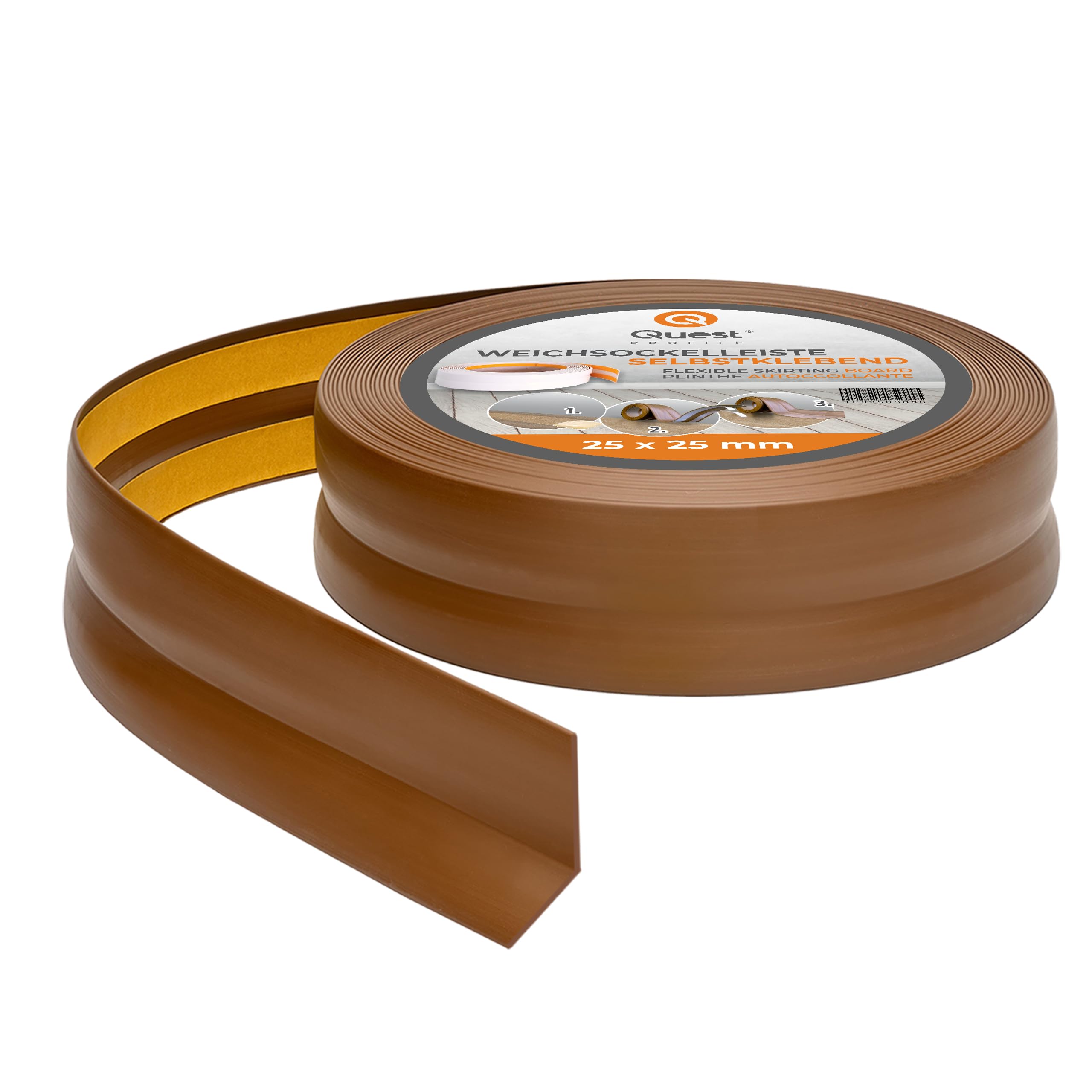Quest Battiscopa Morbido 25 x 25 mm Autoadesivo - Marrone, 20 m | Profilo angolare flessibile in PVC, senza forare, per cucina e bagno, resistente ai raggi UV