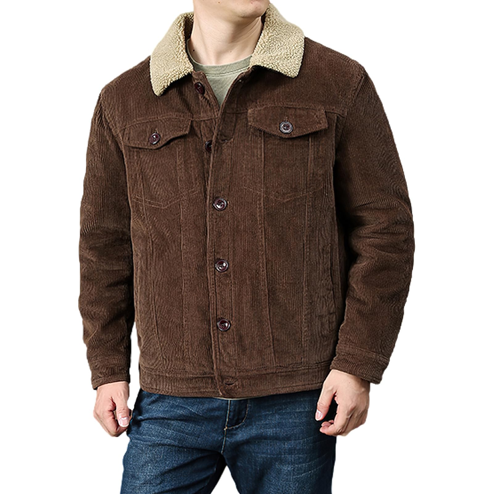 rismart Hombre Chaqueta Pana Forrado de Sherpa Camionero Botón Hacia Abajo Cuello Solapa Invierno Cálido Abrigo