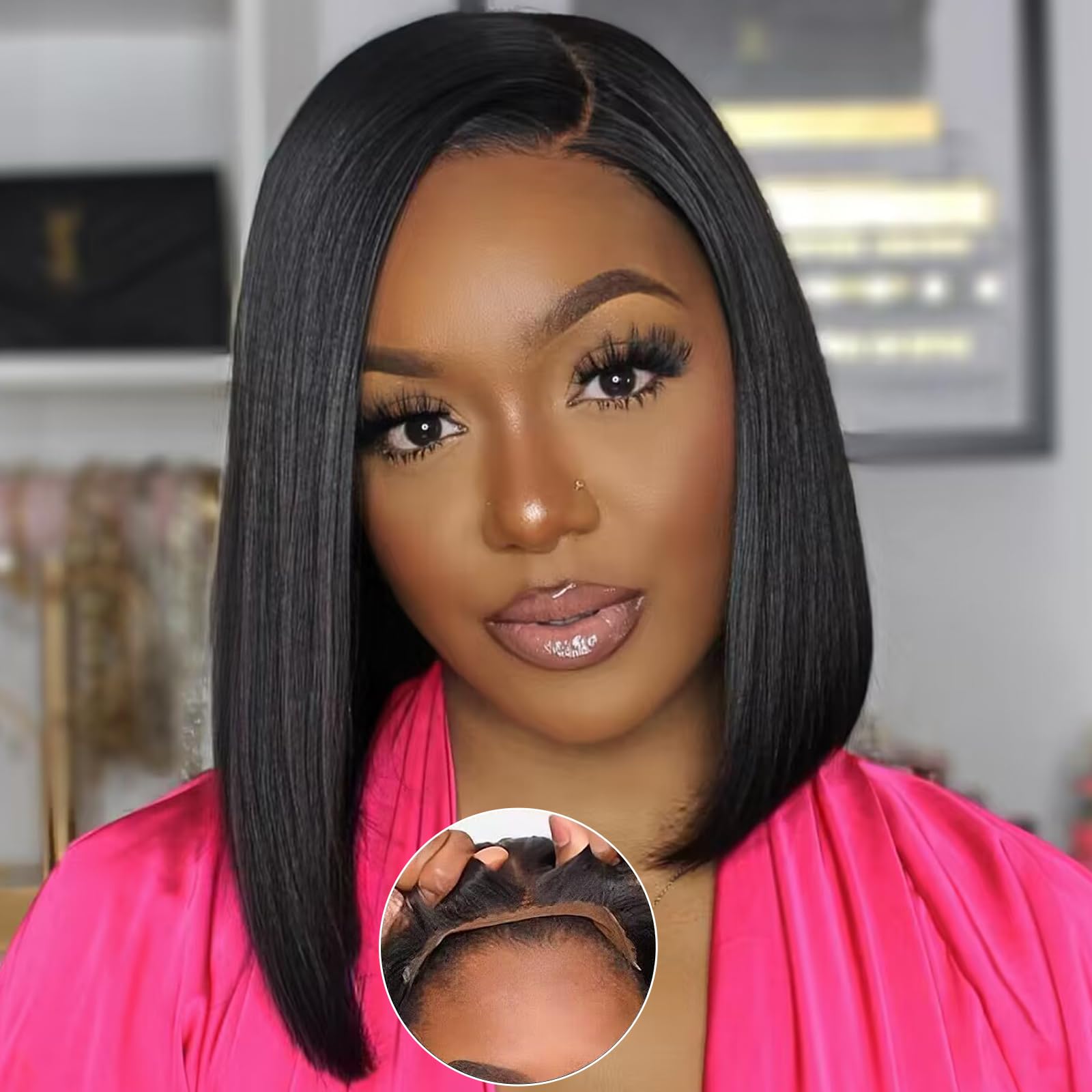 mscoco Straight Bob Wig Human Hair Glueless Wear And Go Glueless Wigs Human Hair Pre Plucked Pre Cut 6×5 HD Lace Wigs Human Hair for Black Women Air