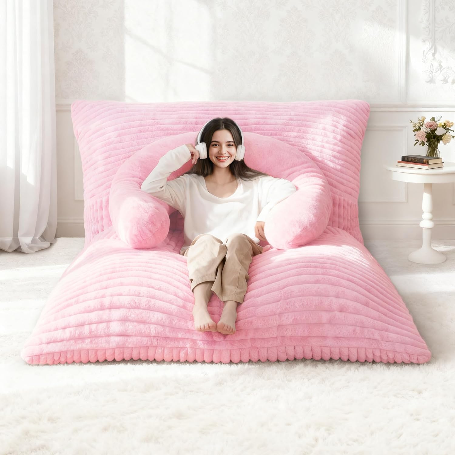 Homguava Giant Bean Bag Chair for Adults with Pillow, 4 in 1 Convertible Floor Cushion for Adluts, Memory Foamed Bean Bag Lounger with Washable Cover for Living Room, Bedroom - Image 9