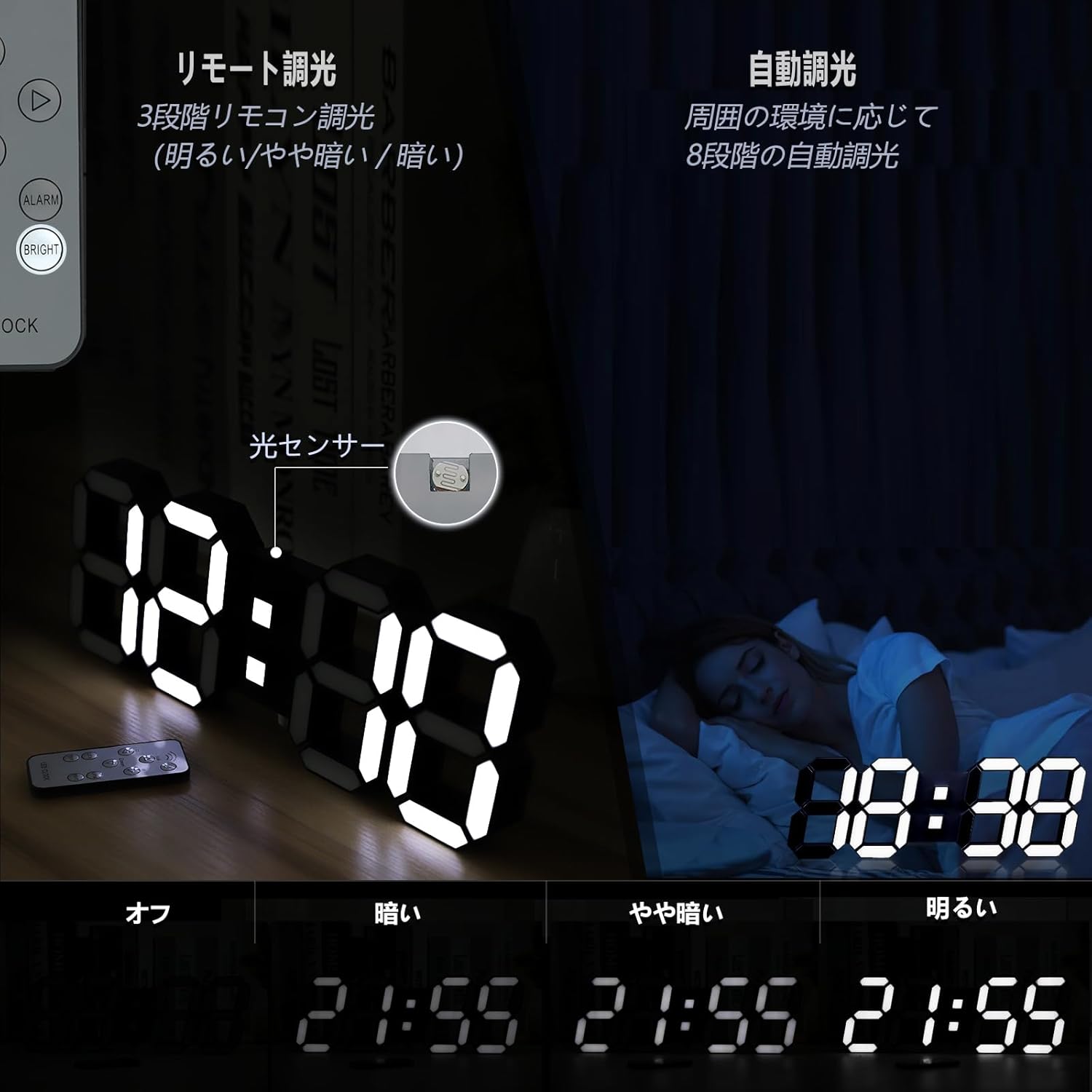 Image showing the KOSUMOSU Digital LED Clock displaying different brightness levels from bright to dim, and an illustration of the light sensor.