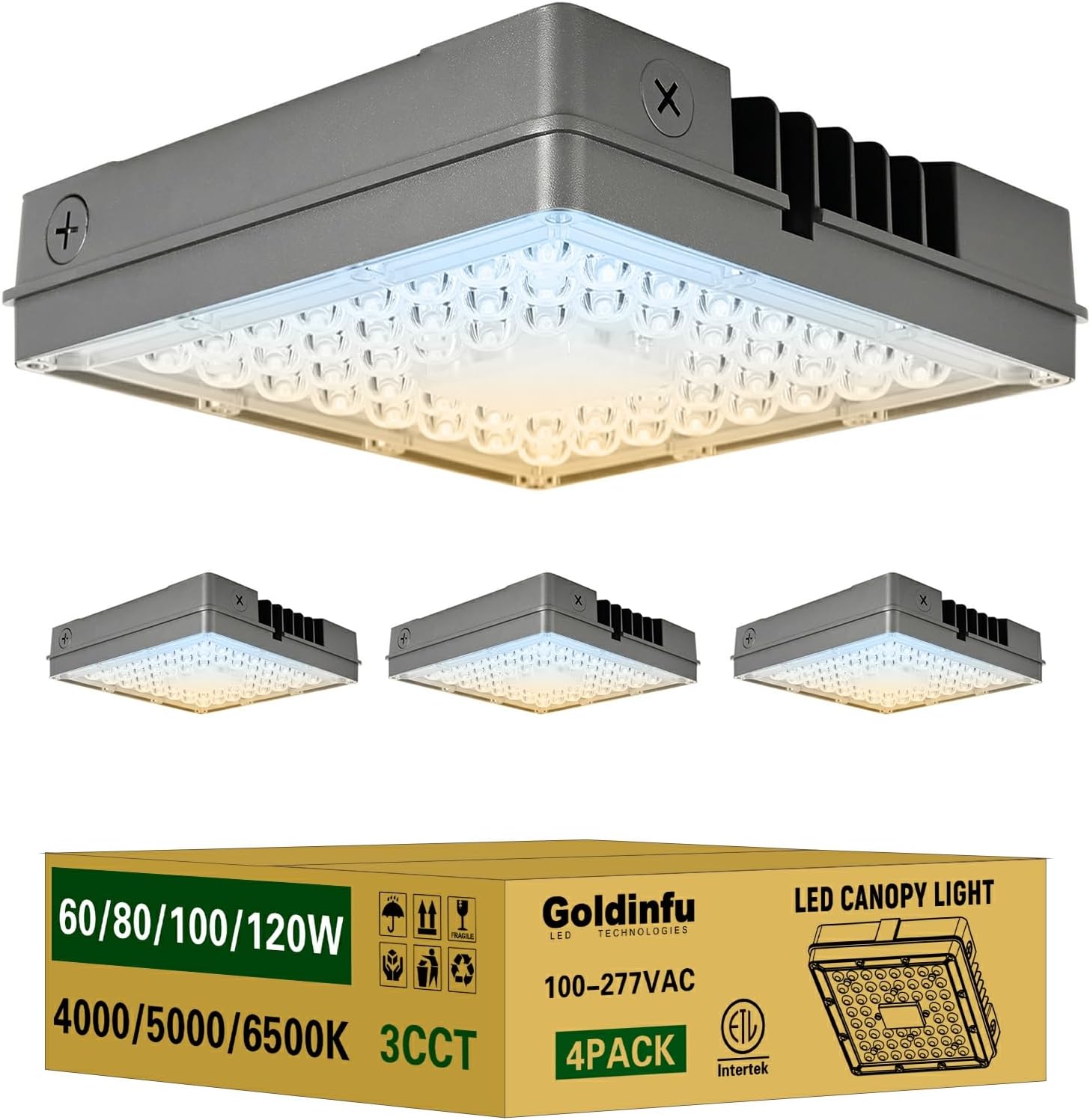120W LED Canopy Light 4Pack, 60/80/100/120W Selectable, 3CCT 4000/5000/6500K, Commercial LED Canopy Lights Outdoor for Gas Station Carport Garage Warehouse, IP65 Waterproof, 100-277V Dim, ETL Listed