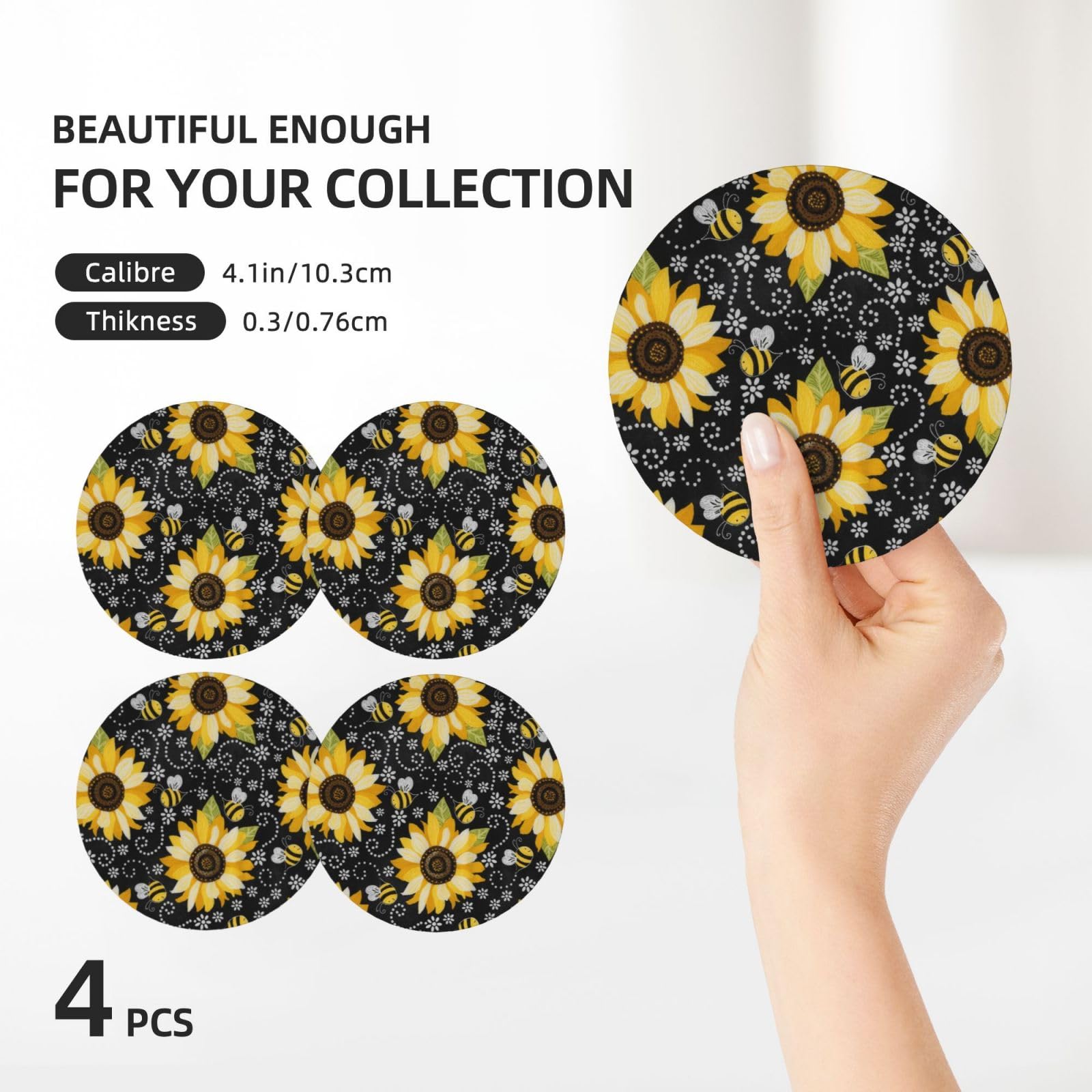 Set di 4 sottobicchieri decorativi in ceramica con api girasoli stampati