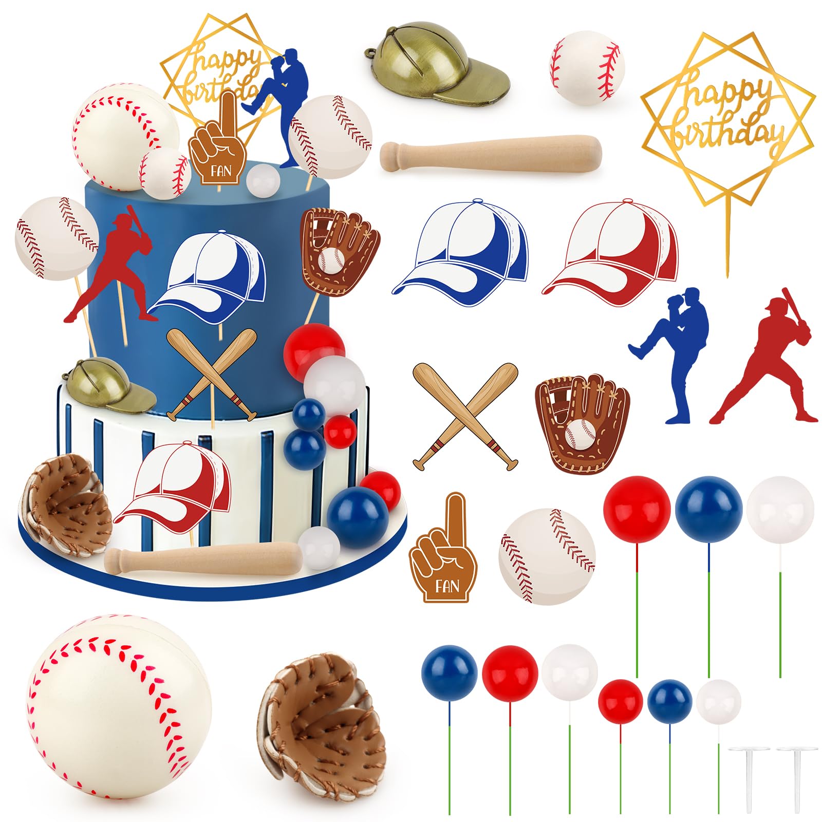 Hooqict 26Pcs Baseball Cake Decorations Set with Mini Balls, Player, Caps, Gloves, Bats, Baseball Birthday Cake Toppers & Cupcake Toppers for Boys Men Sports Themed Birthday Party Decorations Supplies — image 1