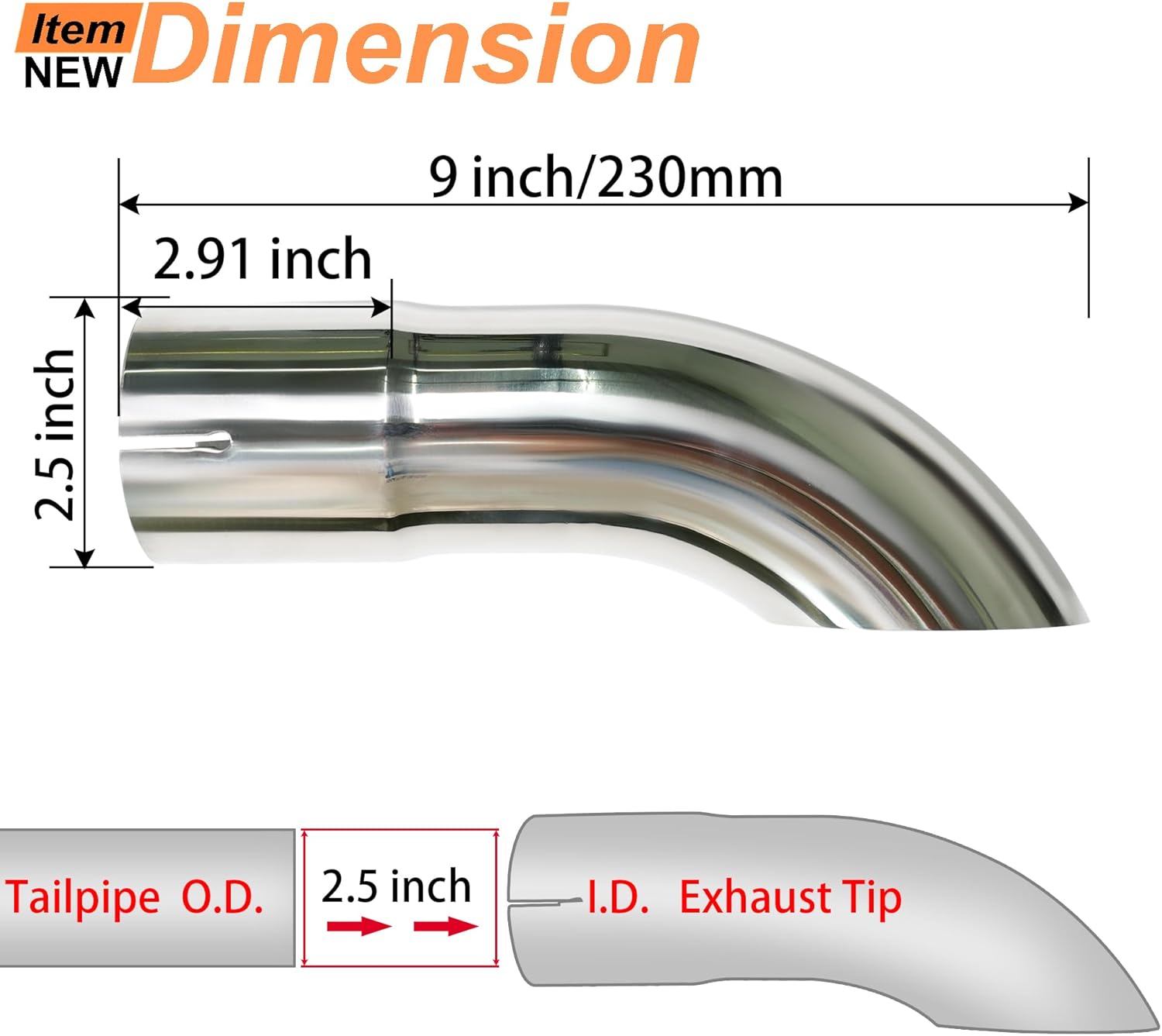 2.5 Inch Inlet Turn Down Exhaust Tip, 2.5" Inlet 2.5" Outlet Stainless Steel Universal Diesel Exhaust Tailpipe Tips with Seal Clamp for 2.5" OD Tailpipes, 9"/230mm Overall Length, Polished