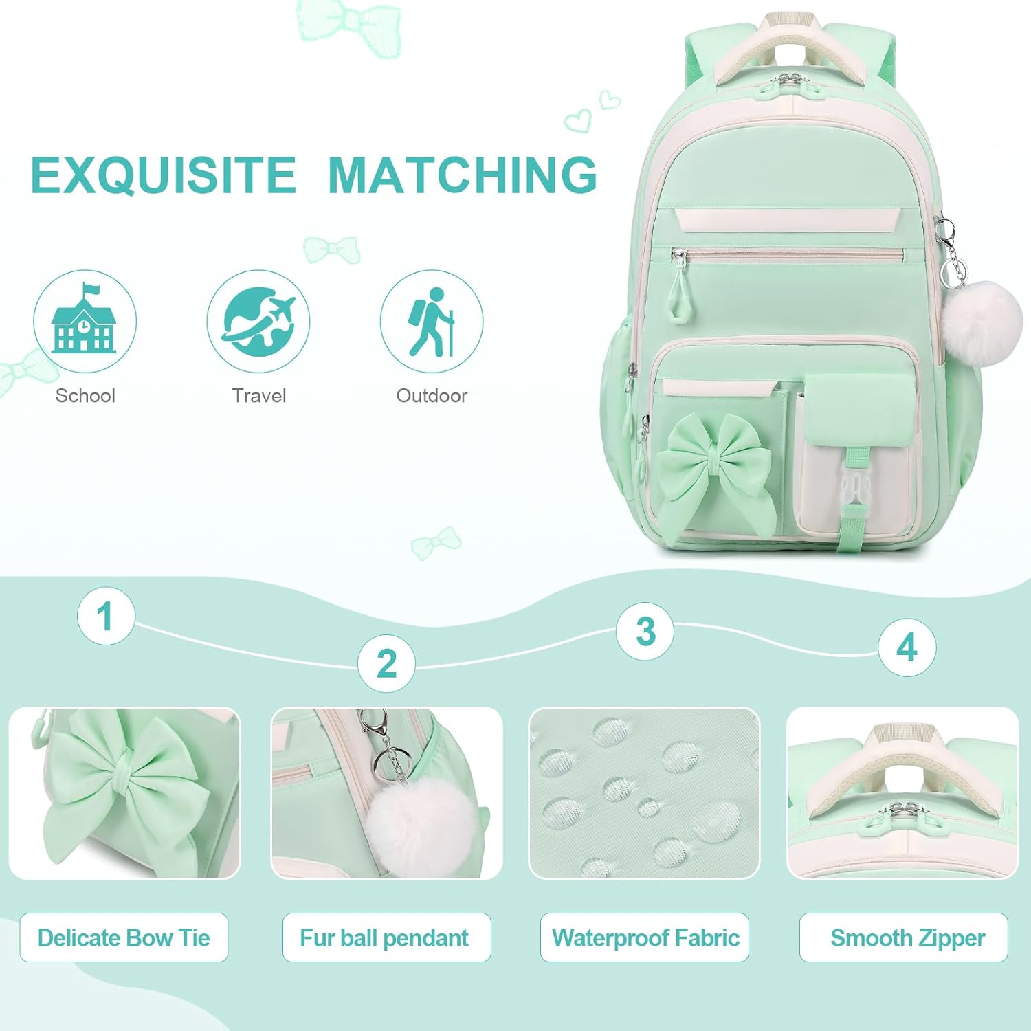 Backpack for Girls, 3PCS Girls Backpack for School with Lunch Bag Pencil Case, Cute Kids Teens Bookbag for Kindergarten Elementary Preschool Middle School (Green) - Image 5