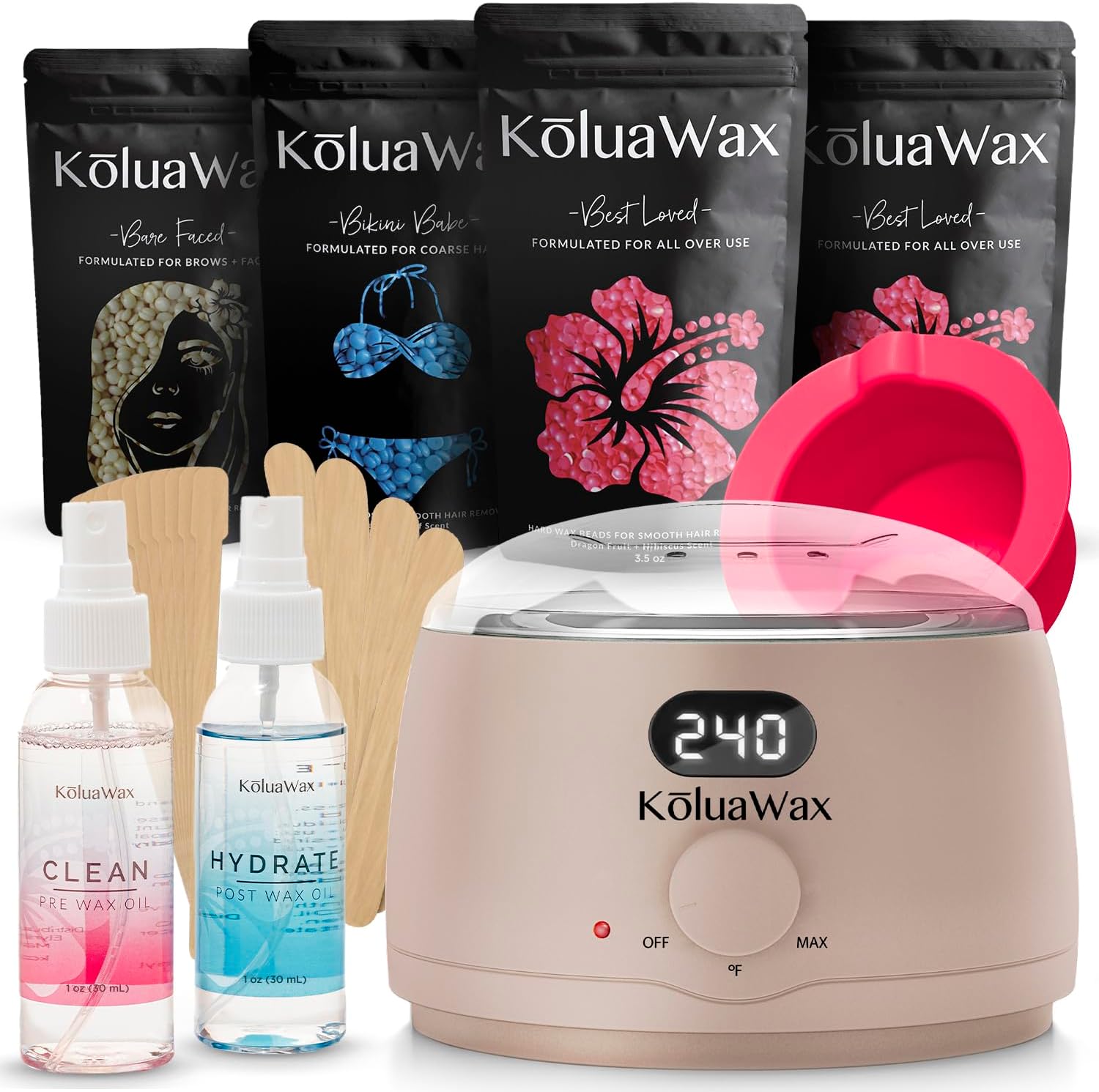 KoluaWax Premium Waxing Kit for Women - Hot Melt Hard Wax Warmer for Hair Removal, Eyebrow, Bikini, Legs, Face, Brazilian Wax - Machine, 4-Pack Beads, Accessories, Sand