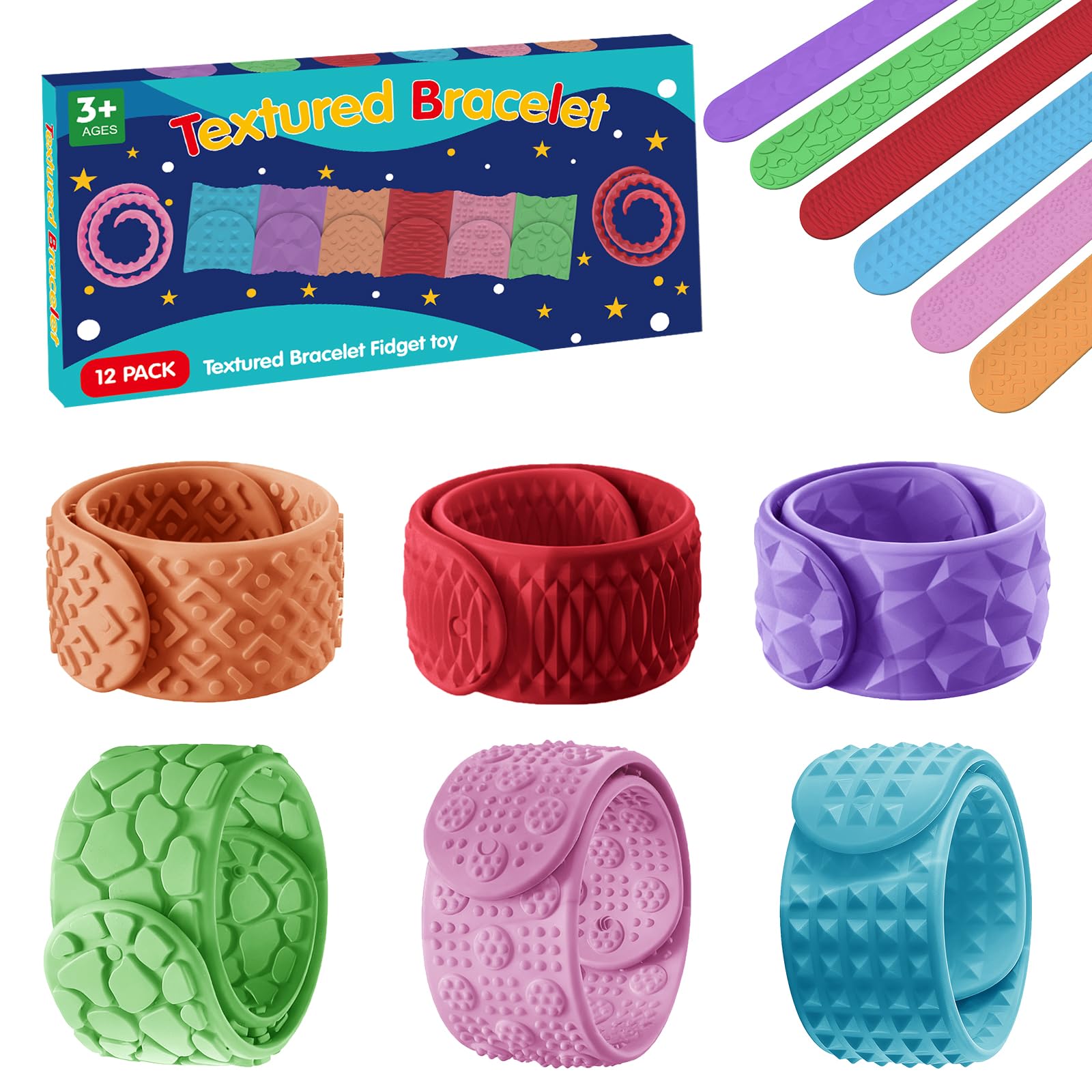 12 PCS Sensory Fidget Toys Slap Bracelets, Textured Silicone Sensory Toys for Autism, Fidget Toys for Kids, Teens & Adults, Anxiety Stress Relief, Ideal for Classroom Rewards, Party Gifts