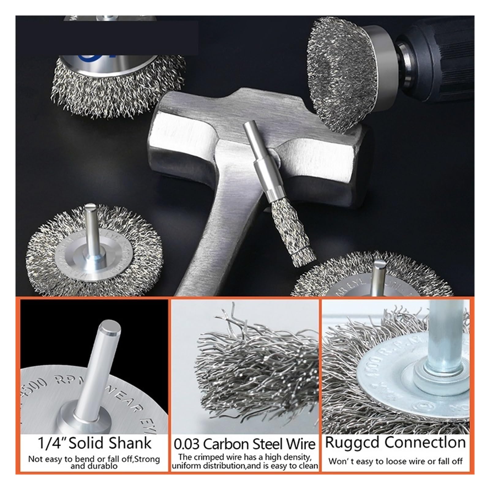 Wiertła do szczotek drucianych, Zestaw szczotek drucianych z drutu stalowego 6 mm, trzpień 1/4 cala, szczotka druciana do polerowania metalu, wiertarki, narzędzia obrotowe, szczotki metalowe(8 Pieces)