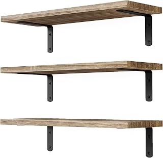 DOLLFIO 3-Pack Rustic Brown Wooden Floating Shelves - Wall Mounted Storage for Bedroom, Bathroom, Living Room, 40lb Capacity