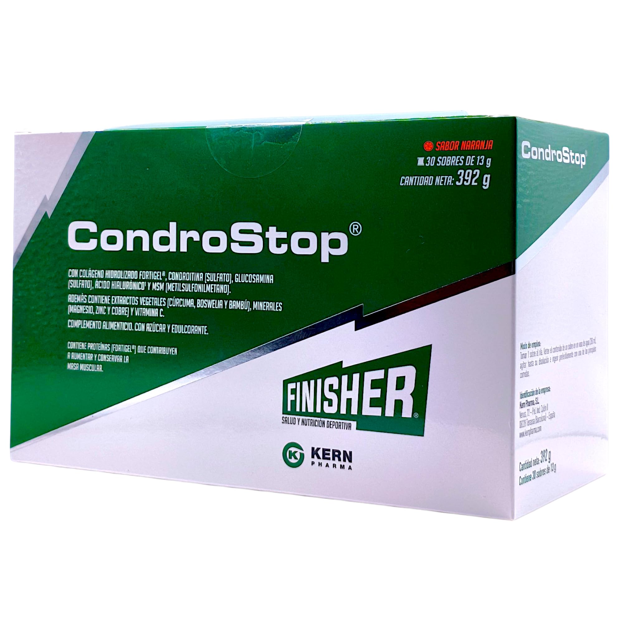 Kern Pharma Finisher Condrostop 30 Sobres - Regenerador Articular con Colágeno Hidrolizado Fortigel, Condroitina, Glucosamina, MSM, Ácido Hialurónico y Magnesio - Sabor Naranja