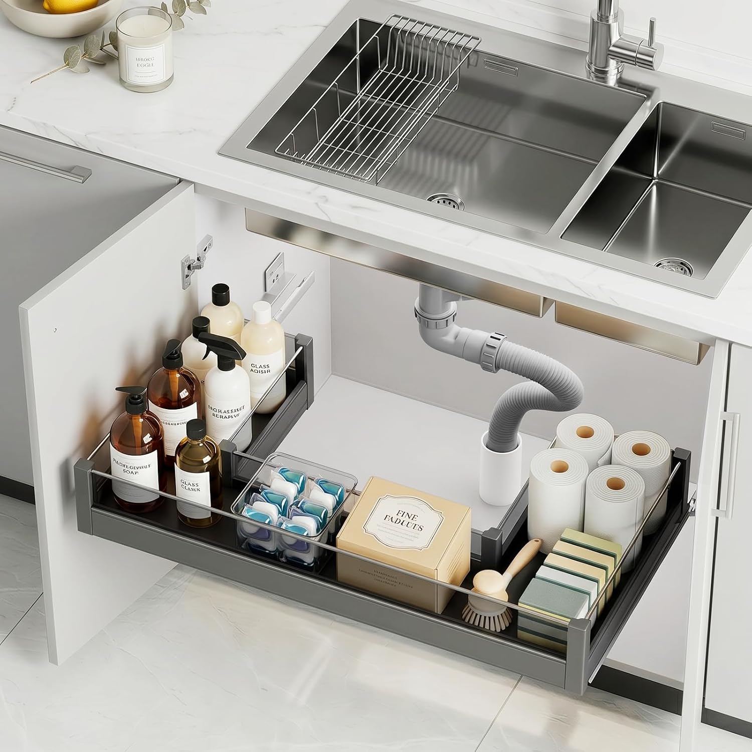 Under Sink Organizer Pull Out for 36 Inch Cabinet, U-Shaped Slide Out Drawers Fit Around Pipes & Garbage Disposal, Aluminum Kitchen & Bathroom Storage with Soft Close (36" - Wide U-Shape)