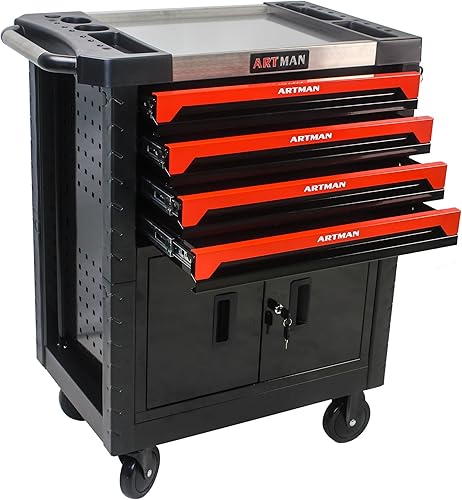 Cajas de herramientas de 38 pulgadas sobre ruedas, extraíble con 4 cajones de bloqueo de acero laminado en frío, caja de herramientas de carga total