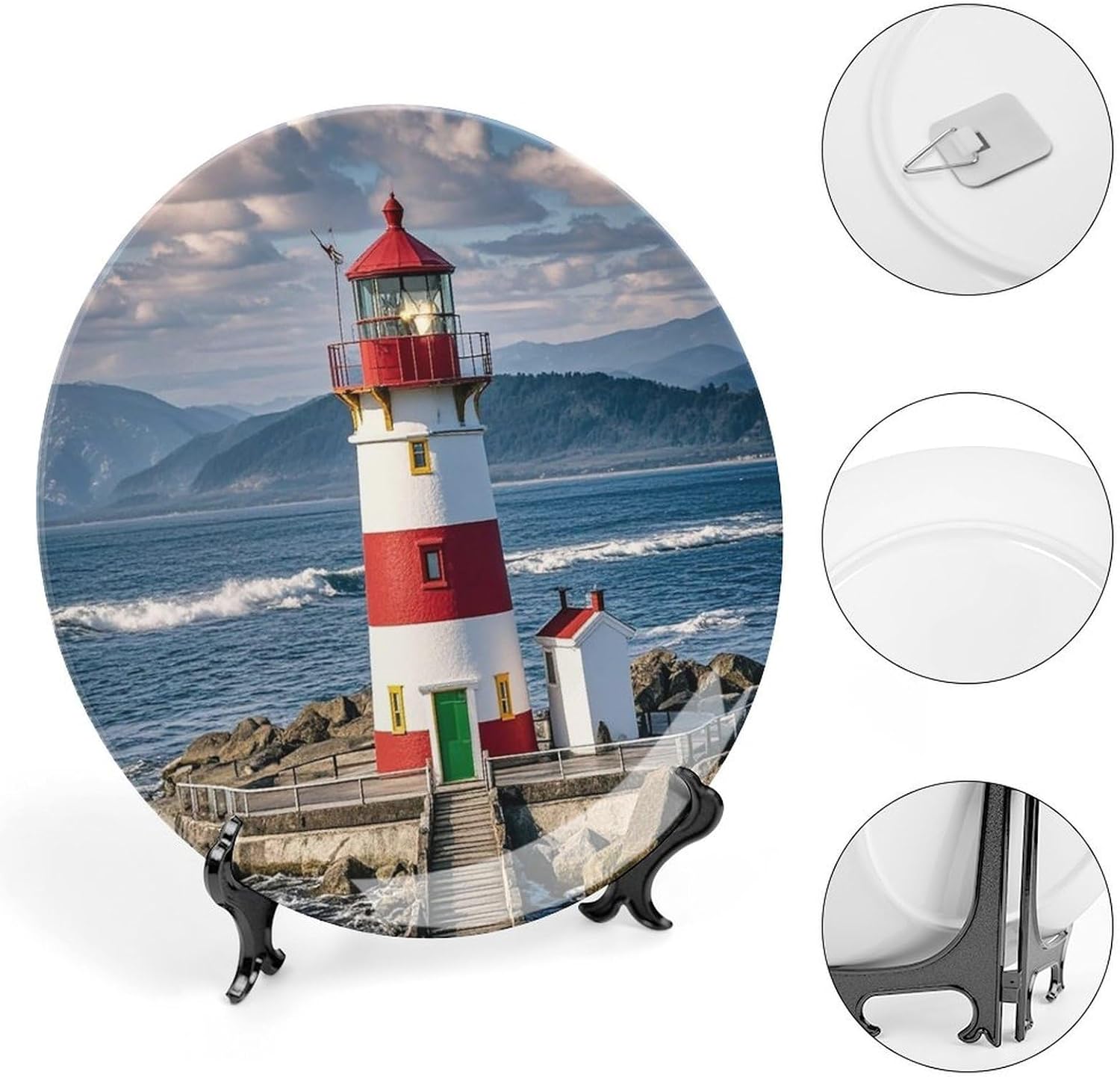 Santa Claus Lighthouse Decorative Ceramic Plate Round Porcelain Plate Decor Personalized Bone China Decorative Plates Ceramic Ornaments Dessert Plates with Display Stand 10inch