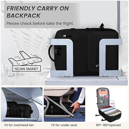 Miniatura 6 de RAINSMORE Mochila de viaje para mujeres y hombres, mochila para portátil de 15.6 pulgadas, mochila de mano de 40 L, Negro -