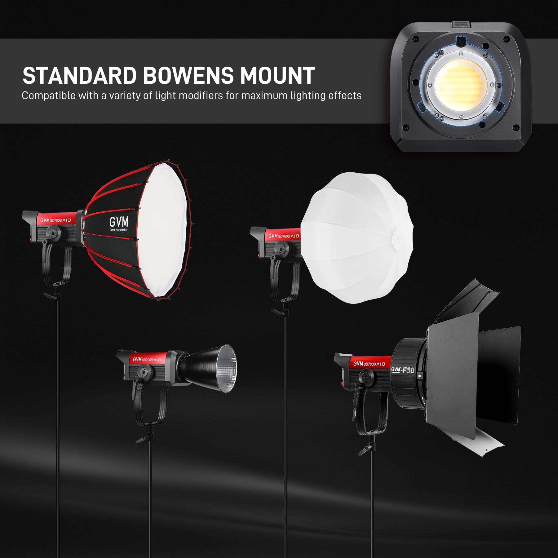 GVM SD700B - Luce video a LED, 700 W, luce da studio con supporto Bowen, kit di illuminazione fotografica 29100 lux/m con copertura standard, uscita continua per film, trasmissioni, CRI 97+, 2700