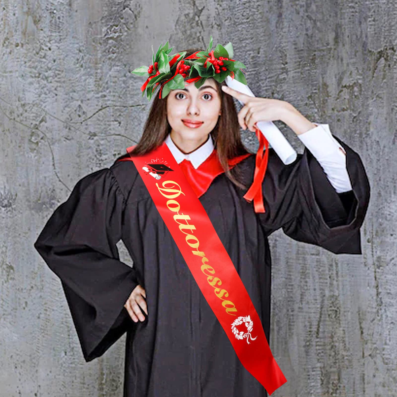 DPKOW Dottoressa Fascia Laurea Corona Alloro per Donna Dottoressa Laurea Festa Accessori Gadget Bomboniere, Simulazione Corona di Laurea Rosse Fascia Regalo Souvenir