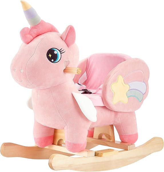 FUNLIO Cheval à Bascule Licorne pour Bébé, Cheval à Bascule Licorne Rose pour Tout-Petits de 6 Mois à 3 Ans, Animal à en Peluche, Facile à Assembler, Certifié CPC & CE - 1