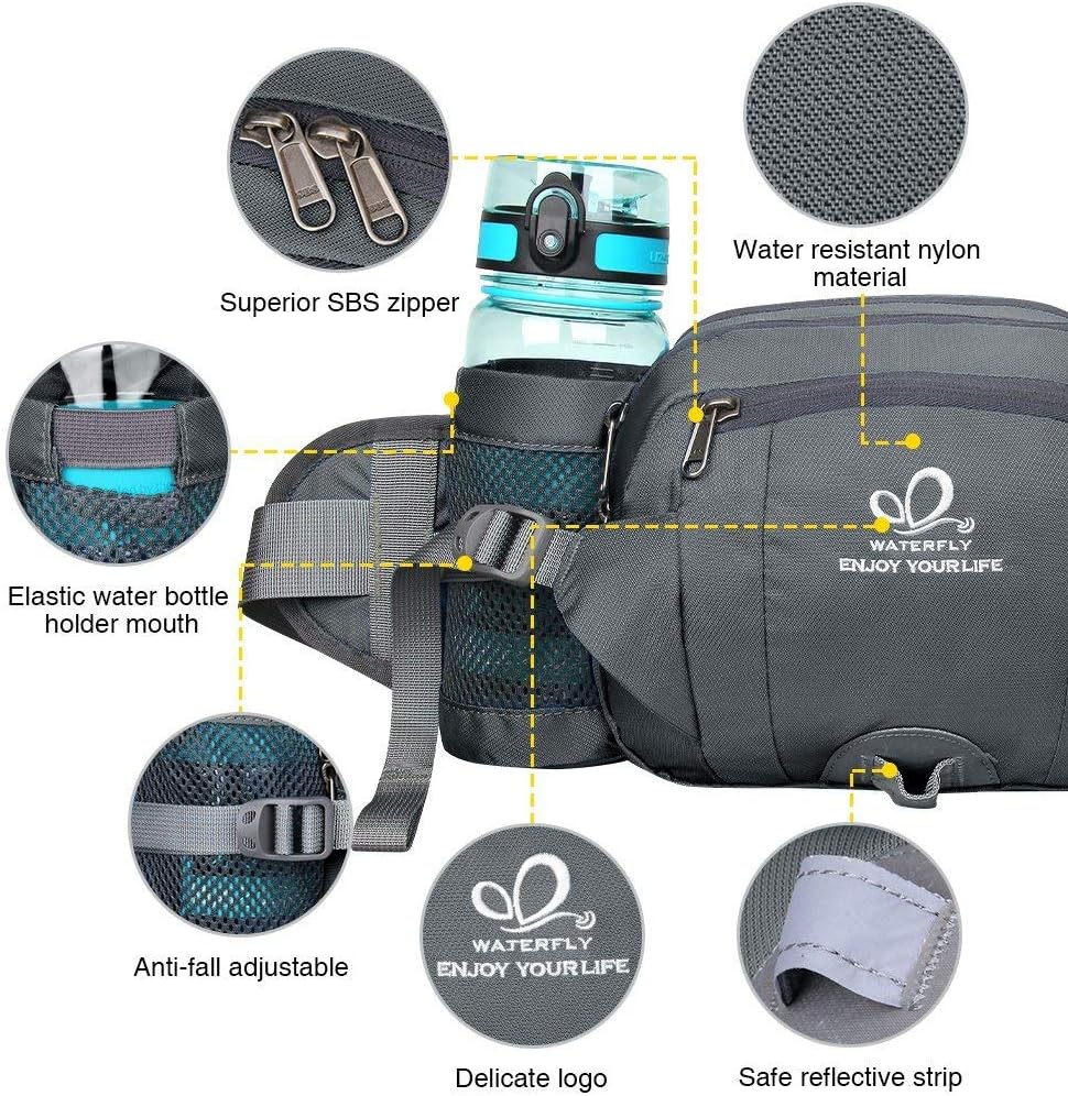 WATERFLY Fanny Pack Waist Bag: Fannie Pack 2 Water Bottle Holders Lumbar Belt Hiking Walking Running Jogging Camping Large Woman Man (Bottle Not Included)