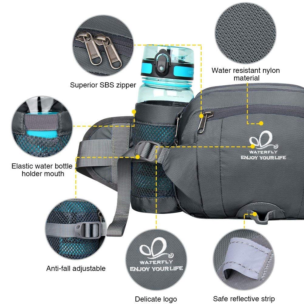 Waterfly Fanny Lot avec Support pour Bouteille d'eau randonnée Taille Packs Sac de Marche Ceinture de Course Sport Lombaire Lot Hip Pack Convient pour iPhone iPod téléphones Samsung, Gris