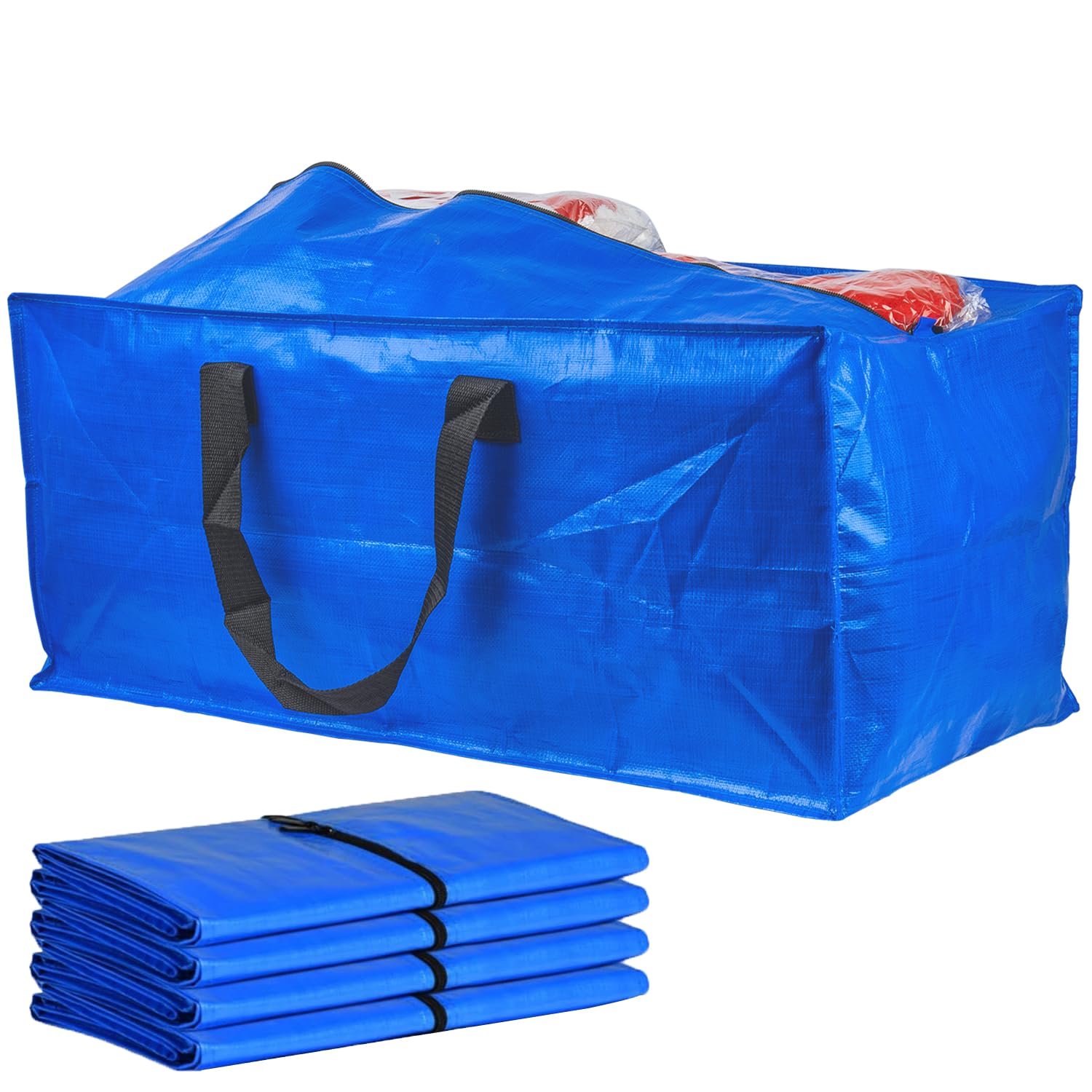 JOYCEMALL Set of 4 Heavy Duty Extra Large Moving Bags, Reusable Plastic XL Packing Storage Totes with Backpack Straps & Strong Handles & Zippers for Clothes Blanket Dorm College Supplies Storage
