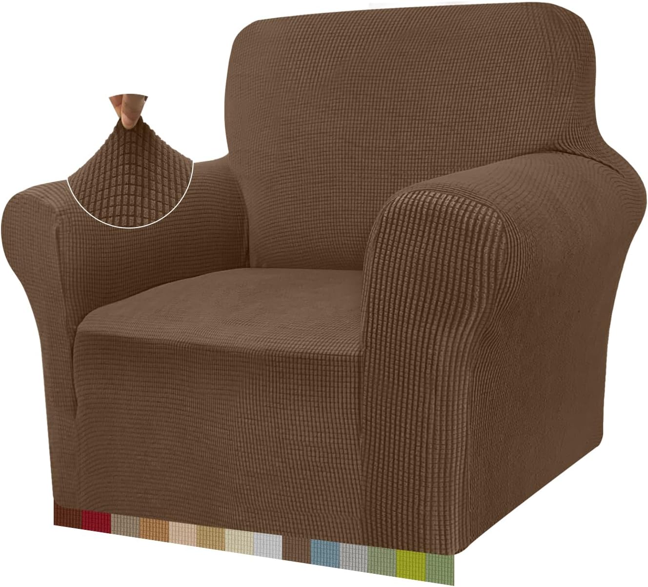 Granbest High Stretch Armchair Covers Super Soft Chair Covers for Living Room Jacquard Sofa Cover for Dogs Non Slip Chair Slipcover with Arms Furniture Protector (1 Seater, Brown)