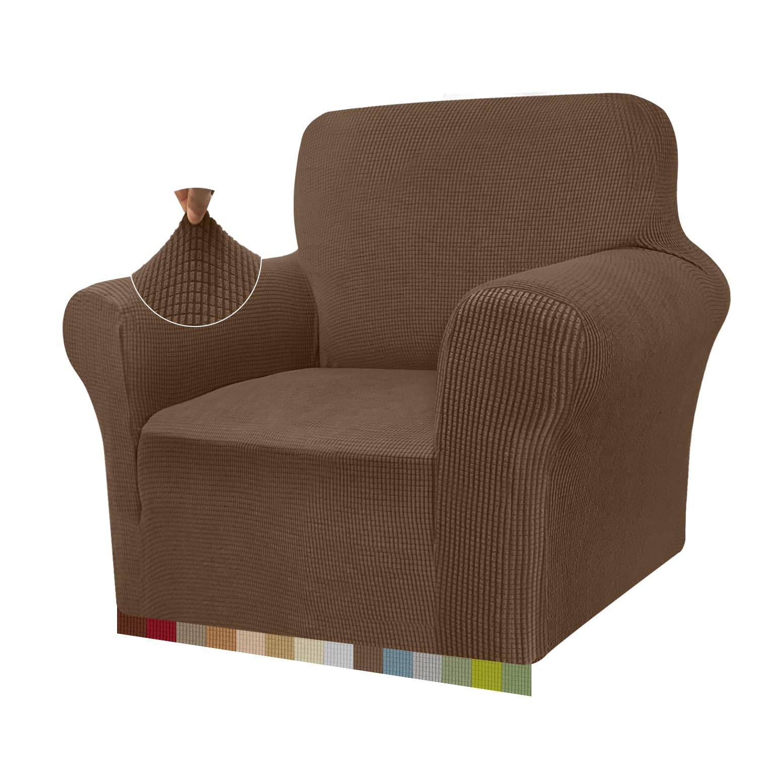 Granbest High Stretch Armchair Covers Super Soft Chair Covers for Living Room Jacquard Sofa Cover for Dogs Non Slip Chair Slipcover with Arms Furniture Protector (1 Seater, Brown)