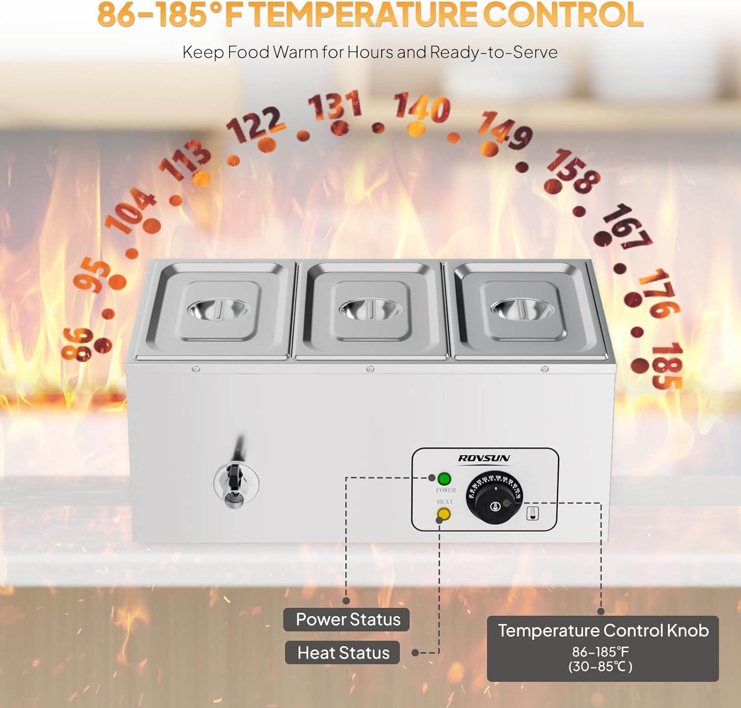 ROVSUN 21QT Electric Commercial Food Warmer, 3-Pan Steam Table Countertop, 6.9 QT/Pan Stainless Steel Bain Marie Buffet with Temperature Control & Lid for Parties, Catering, Restaurants 110V