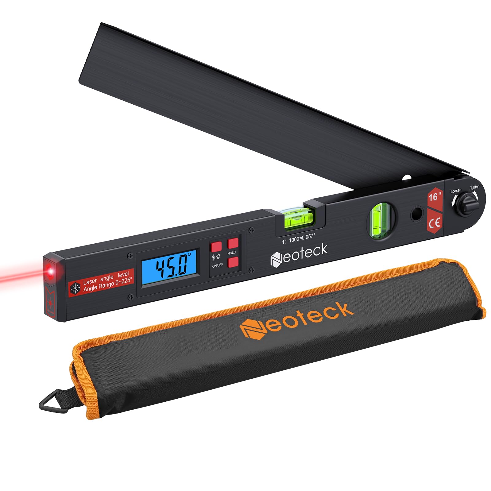 Neoteck Rapporteur d’Angle Laser 225° – Outil de Mesure d’Angle Numérique Précision ±0,5°, Règle d’Angle Aluminium avec Laser de Guidage, HOLD & Verrouillage, Bricolage, Menuiserie, Chantier - Noir