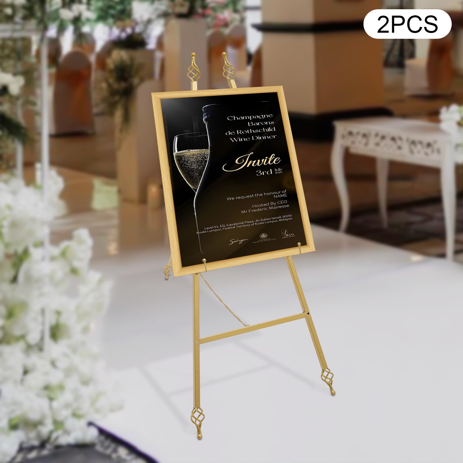 2 Stück Portable Staffelei Ständer, Bodenverstellbares Metall Gold Staffelei Stand, Verstellbares Stativ Hochzeitsschild Poster Werbung Display, 48 * 110cm