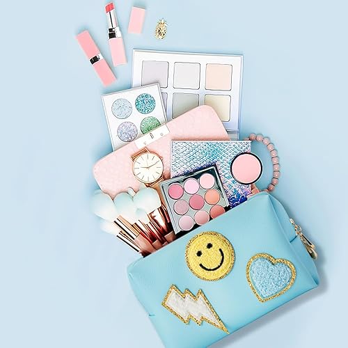 Miniatura 3 de LieToi Preppy Patch - Neceser pequeño de piel sintética con diseño de corazón y rayo y arcoíris, portátil, impermeable, bolsa de maquillaje para uso