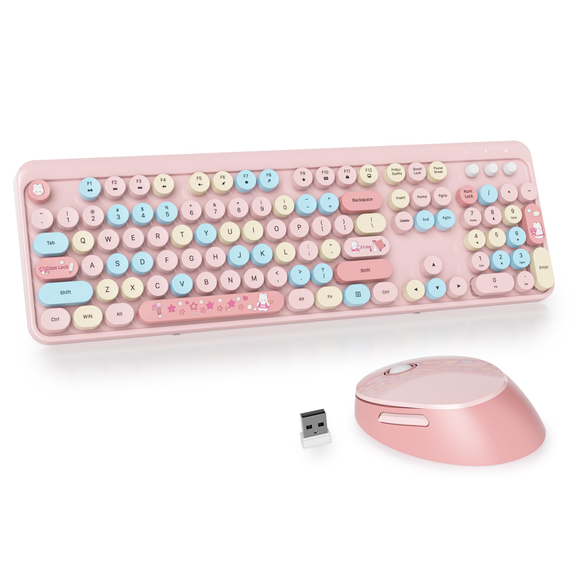 SOLIDEE Combo Tastiera e Mouse Wireless,tastiera macchina da scrivere retro,Tastiera per Computer con Tasti Rotondi 2.4GHz con Tastierino Numerico,Tastiera a 104 Tasti(Americana QWERTY)(Mixed Pink)
