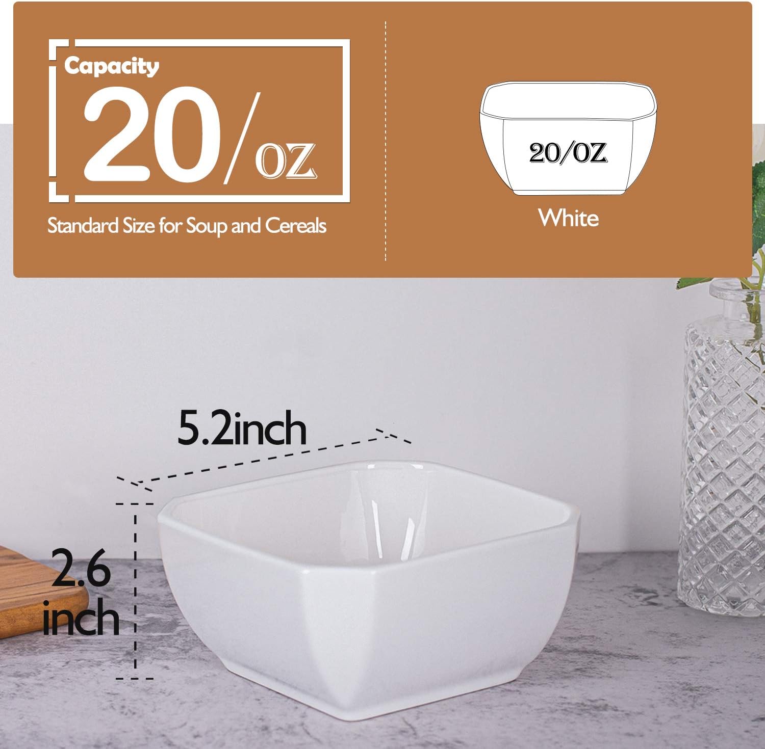 Bеѕt Quаlіtу 🔥 Delling Ultra-Strong 20 Oz Ceramic Soup Bowls - Square Cereal Bowls Set of 6, Snack/Rice Bowls for Soup, Dessert, Rice, White