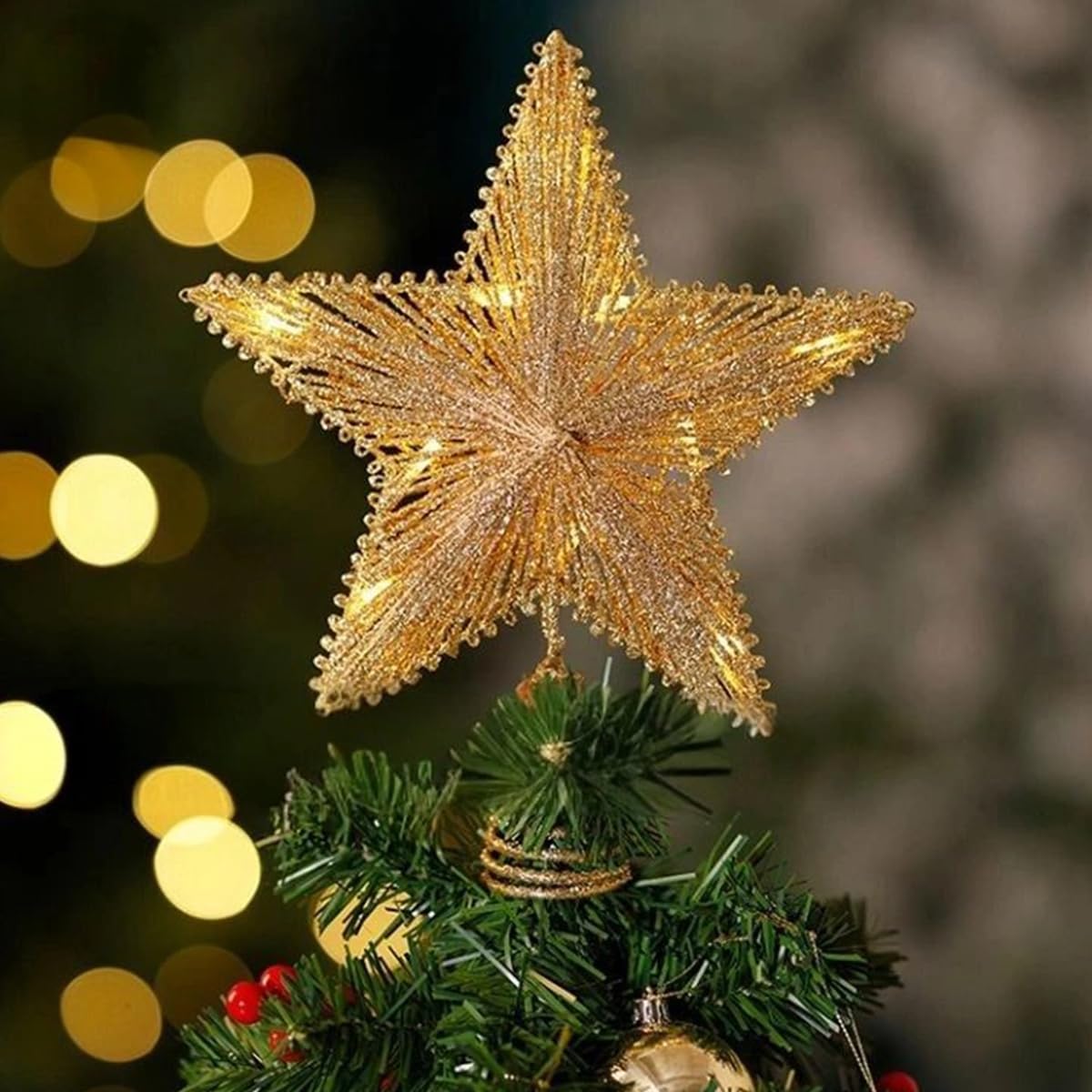 Décoration de Sommet d'arbre, Étoile de Sapin de Noël Cimier d'arbre Pré-Éclairé en Rotin Naturel avec Étoile pour La Décoration de La Maison de Vacances de Noël, du Nouvel an,B