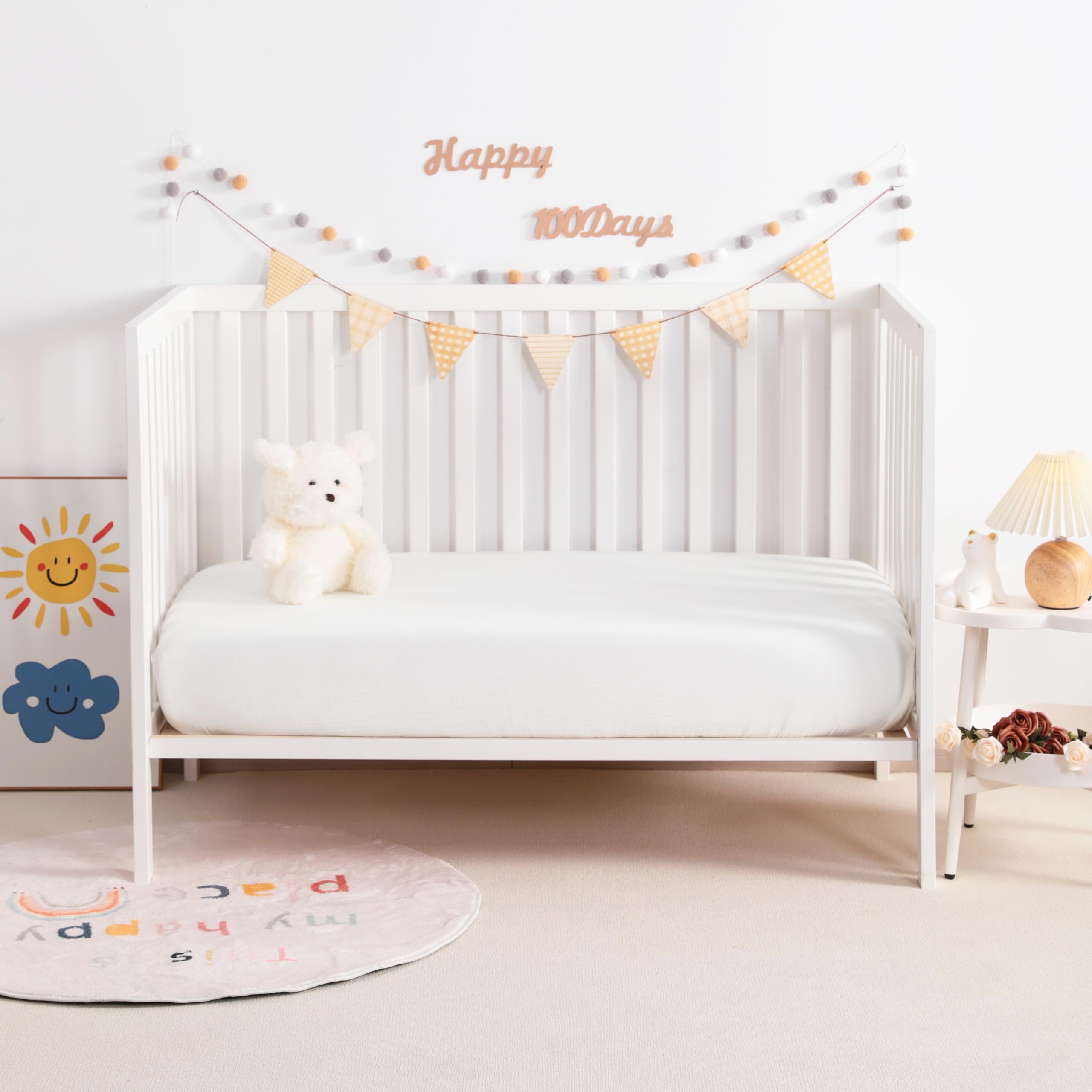 NTBAY Paquete de 2 sábanas de muselina de algodón para cuna, suaves y transpirables, de doble capa, 24 x 38 pulgadas, para colchones de cuna pequeña y niños, niñas, unisex, color blanco, 24 x 38