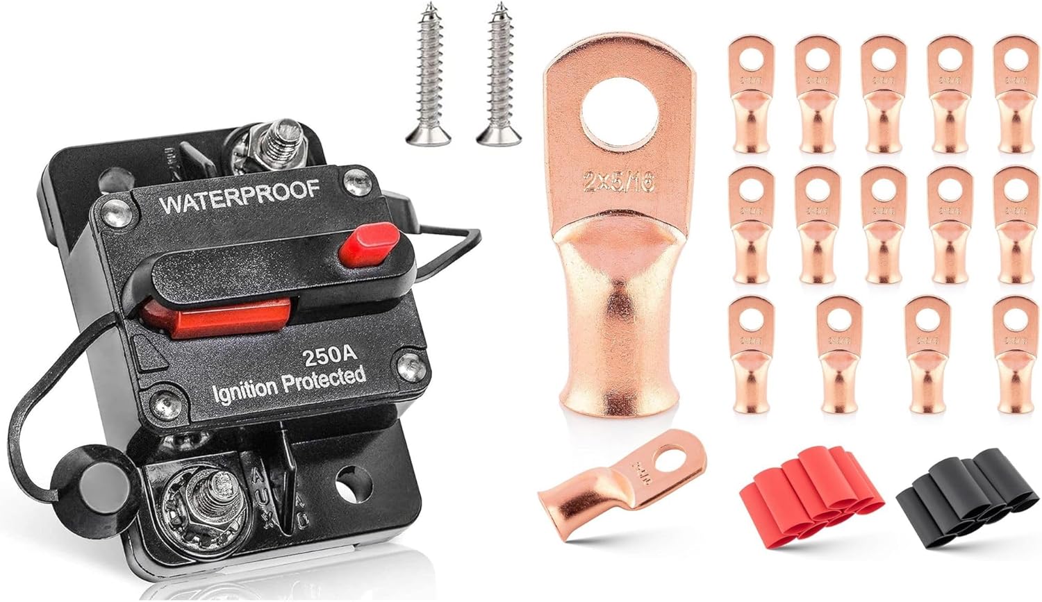 RED WOLF 250A Circuit Breaker w/Manual Reset Switch with Lugs Ring Terminal Connectors Ends Heat Shrink Tubing 3:1 Black Red for Automotive Electrical