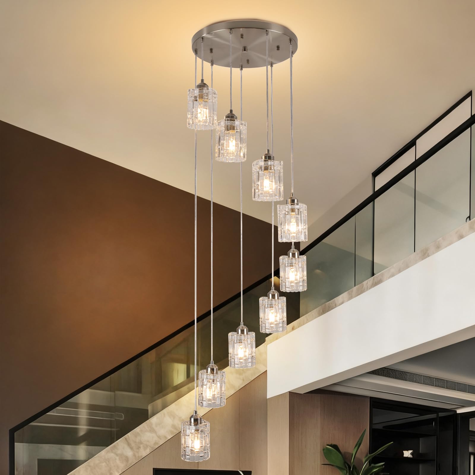 Finktonglan High Ceiling Chandelier,Modern Glass Long Pendant Light,Chrome Hanging Flush Mount Chandelier Ceiling Light E27 Base for Dining Room, Hallway, Entryway 9 Lights