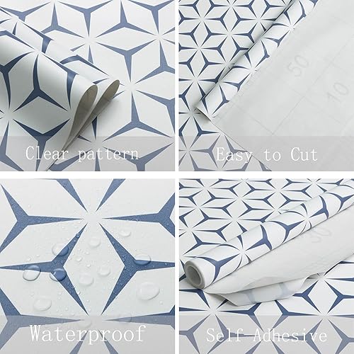 Miniatura 3 de Heroad Papel tapiz azul moderno para despegar y pegar, papel adhesivo azul geométrico bohemio para armarios y cajones, apto para inquilinos,