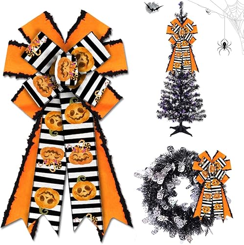 Miniatura 6 de Arcos grandes de Halloween para corona, lazos de corona de araña de Halloween, lazos negros a cuadros, lazos de arpillera naranja, lazos para