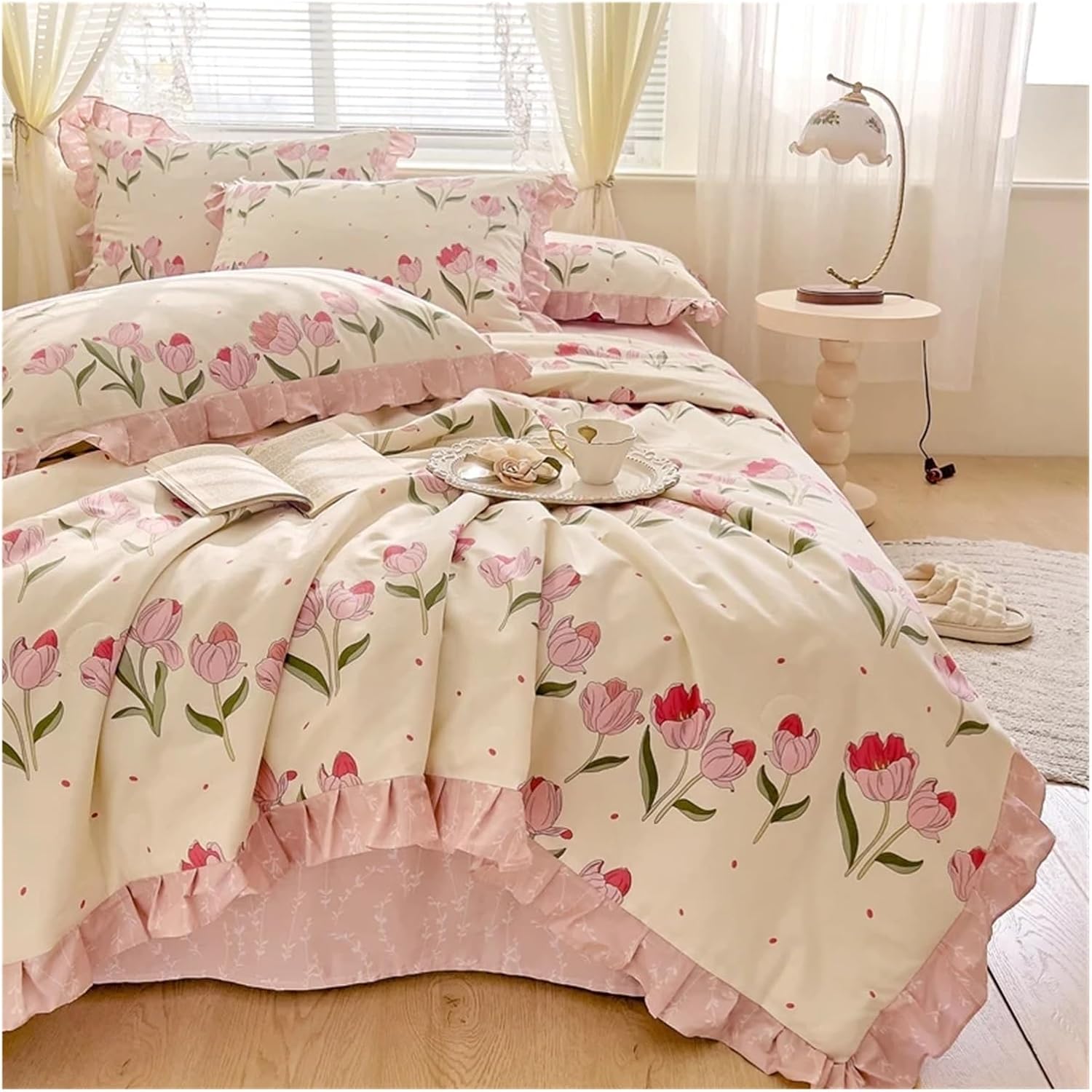 Cotton Korean Romantic Ruffles Floral Bedding Set Single Full Queen Duvet Cover Set Bed Sheet Or Fitted Sheet Pillowcases,Bed
