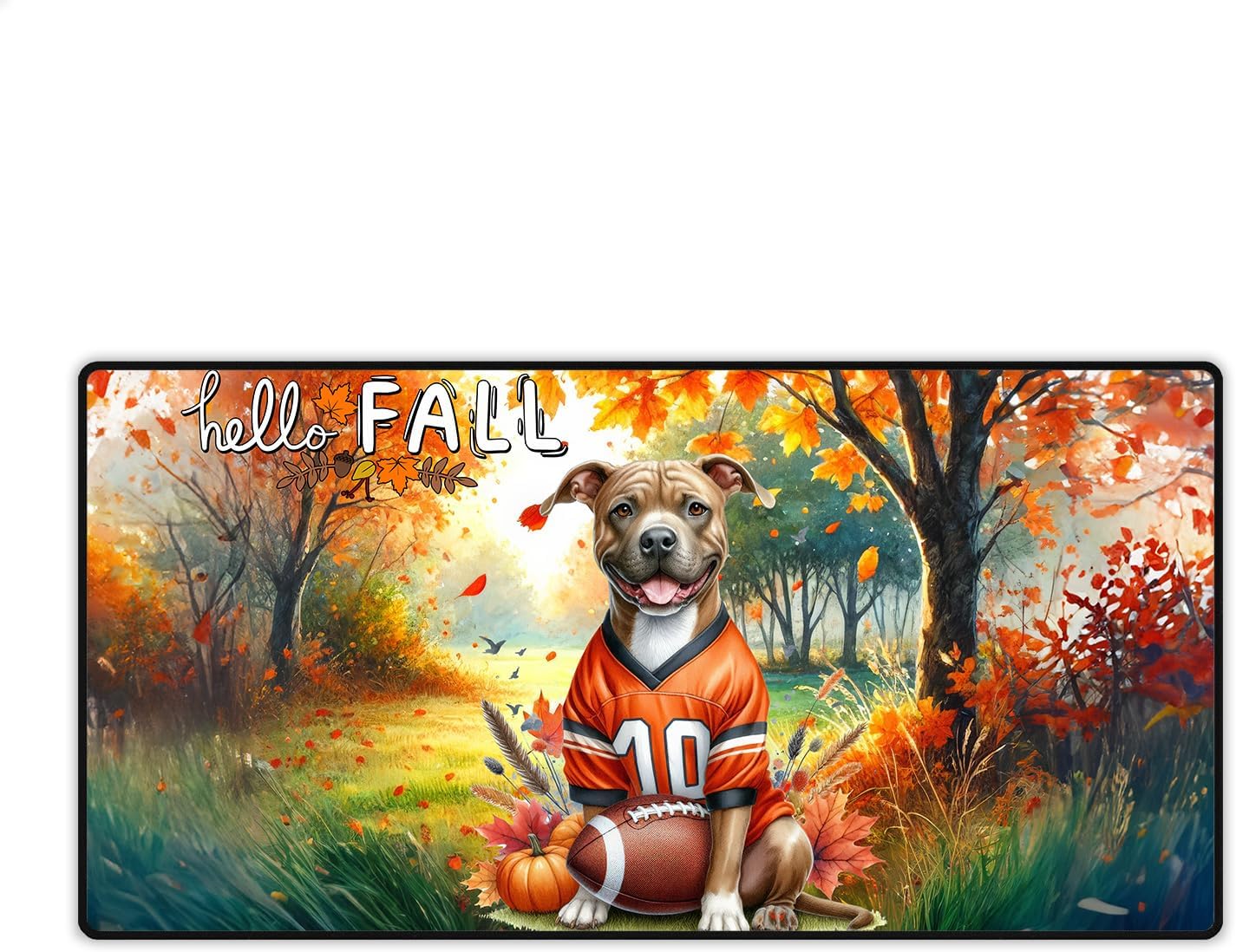 Hello Fall Pitbull Football Welcome Autumn with Leaves Pumpkins Desk Mat Full Keyboard Mouse Pad American Pit Bull Terrier Dog Lover Gifts Large Mousepad - 012