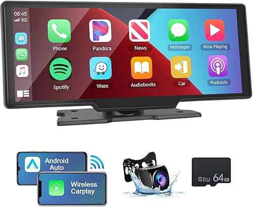 Pantalla inalámbrica de Apple Carplay portátil estéreo para automóvil, Car Play Android Auto de 10.26 pulgadas, pantalla táctil IPS, receptores de