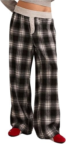 SHENHE Women's Plaid Wide Leg Pants Y2k Low Rise Elastic Waist Baggy Casual Loun
