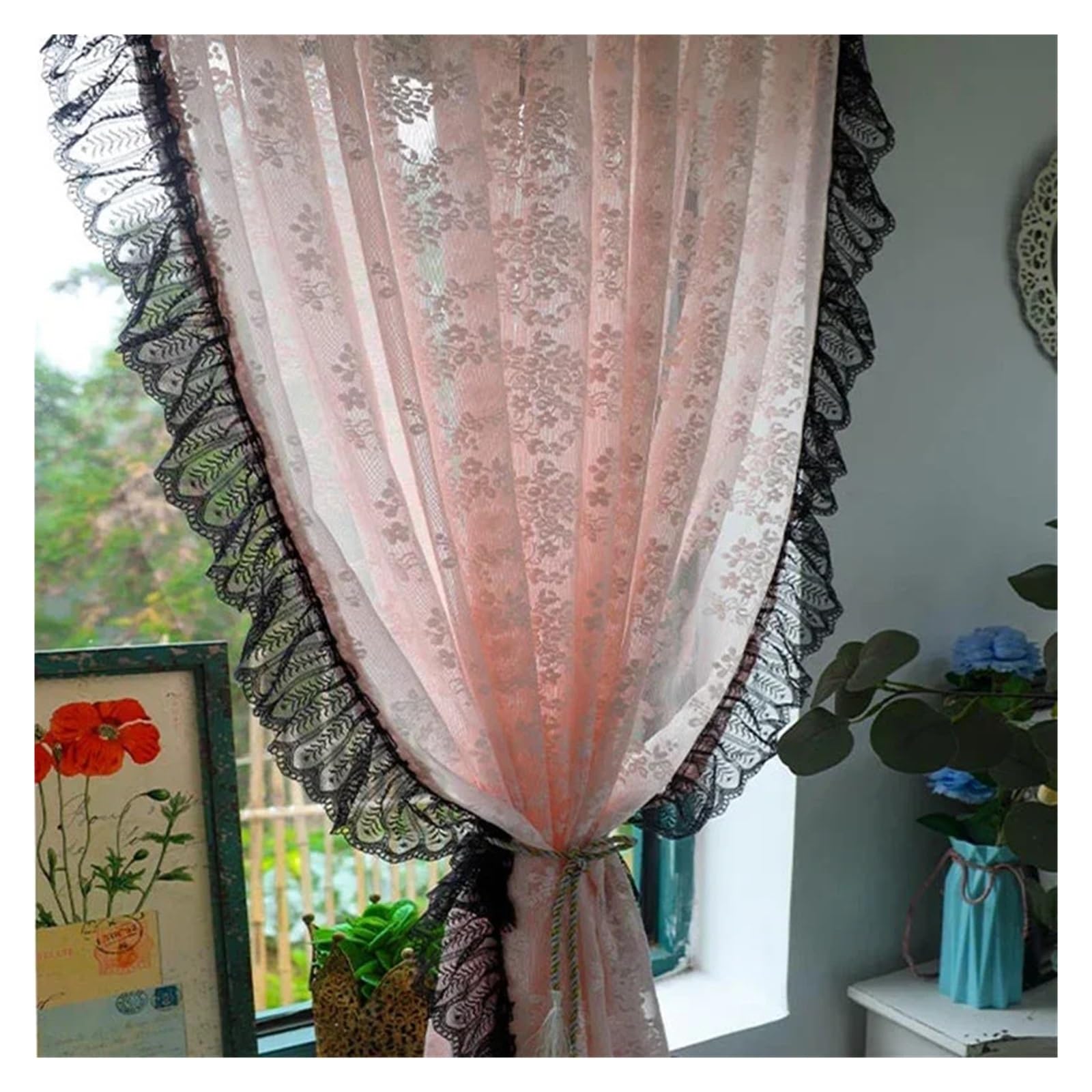 DFGRGRV Ruffle Curtains Vintage Girl Black Lace Pink Sheer Curtains Floral Jacquard Romantic Cafe Door Curtain Kitchen Cocina(W200CM X H260CM(1PC))