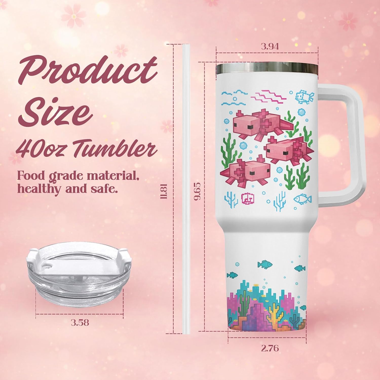 34HD Pixel Axolotl Cute Sea Animal 40 oz Tumbler with Handle, Gift for image 5