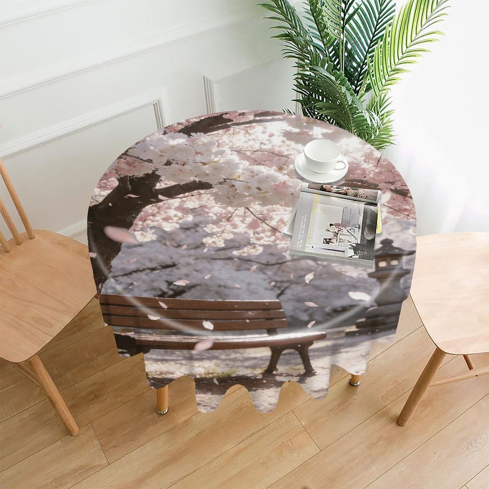 LZQPOEAS Japanese Sakura Tablecloth Easy to Clean Polyester Round Table Cover Washable Round Table Cloth Wrinkle-Free Circle Decoration Tablecloth for Kitchen and Dining Room 60"