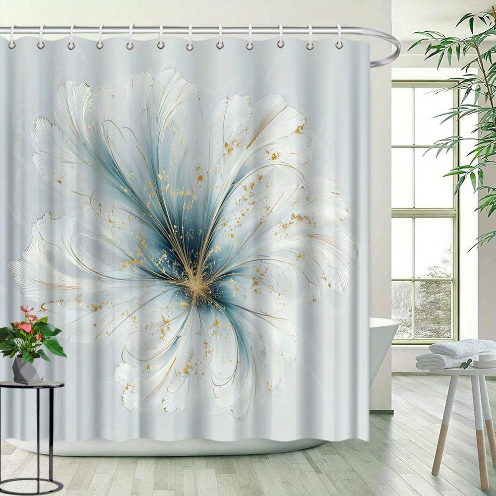 Extra Langer Duschvorhang mit Blumenmuster,eleganter Duschvorhang im Landhausstil mit Farbverlauf von Weiß zu Blau,maschinenwaschbar,aus Polyestergewebe (165 x 165 cm/65 x 65 Zoll (B x H)