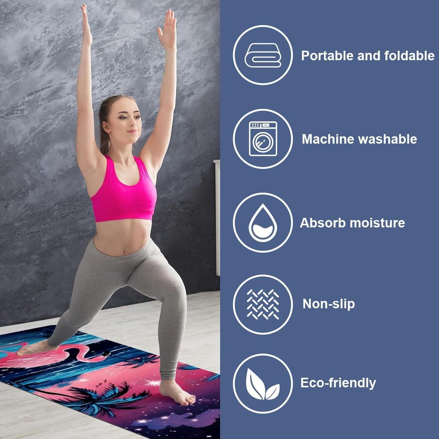 Yoga Towel, Galaxy Flamingo Pattern Non Slip Sweat Absorbent Hot Yoga Mat Towel for Hot Yoga, Pilates and Fitness - 72.8" x 26.8"