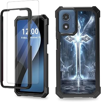 for Motorola Moto G 5G 2024 Case, Moto G Play 5G 2024 Case with Screen Protector, Phone Case for Moto G Play 5G 2024 Three Layer Heavy Duty Protection, Cross & Wings Phone Cover for Man Woman